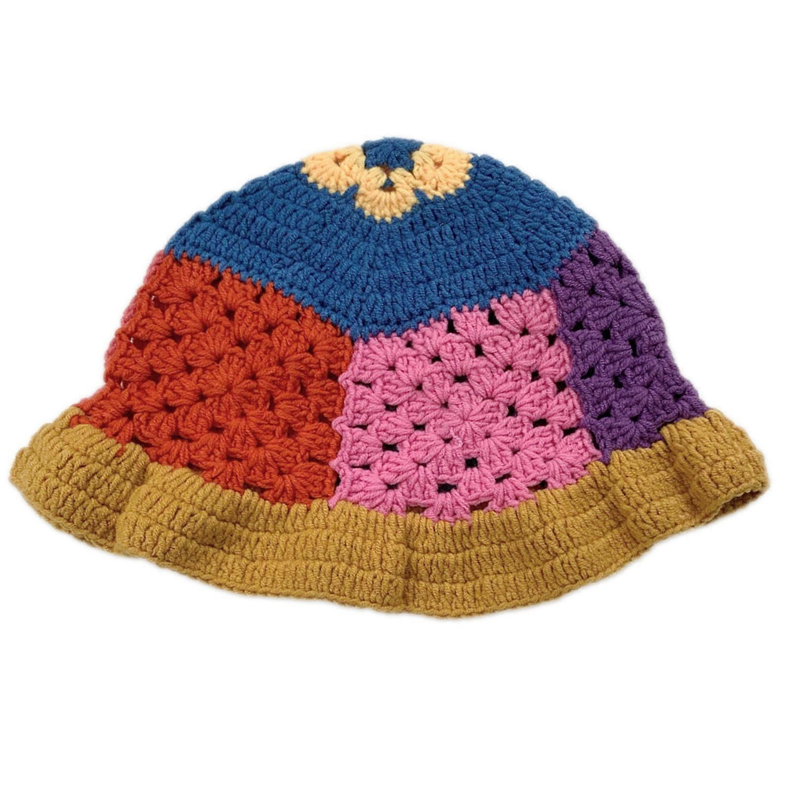 Crochet Color Matching Bucket Hat Multi-Color Breathable Wide Brim Bucket Hat Skin-friendly Sunproof Fisherman Cap Yellow