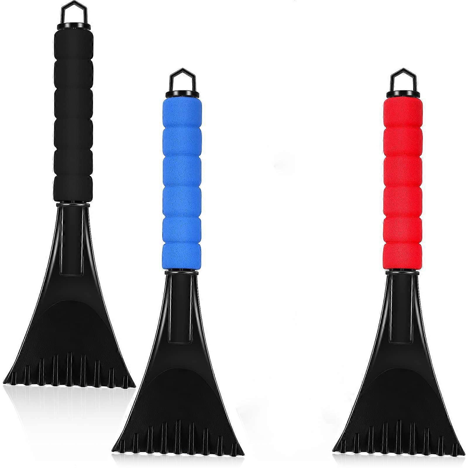 3-piece set of car windshield ice scraper plastic snow and frost removal tool with foam handle for car truck window (black, red, blue,)