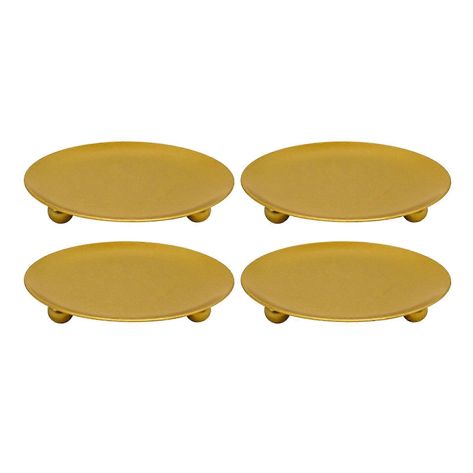 Set 4 Candle Holder Plate Candlestick Coffee Table Stand Dinner Golden