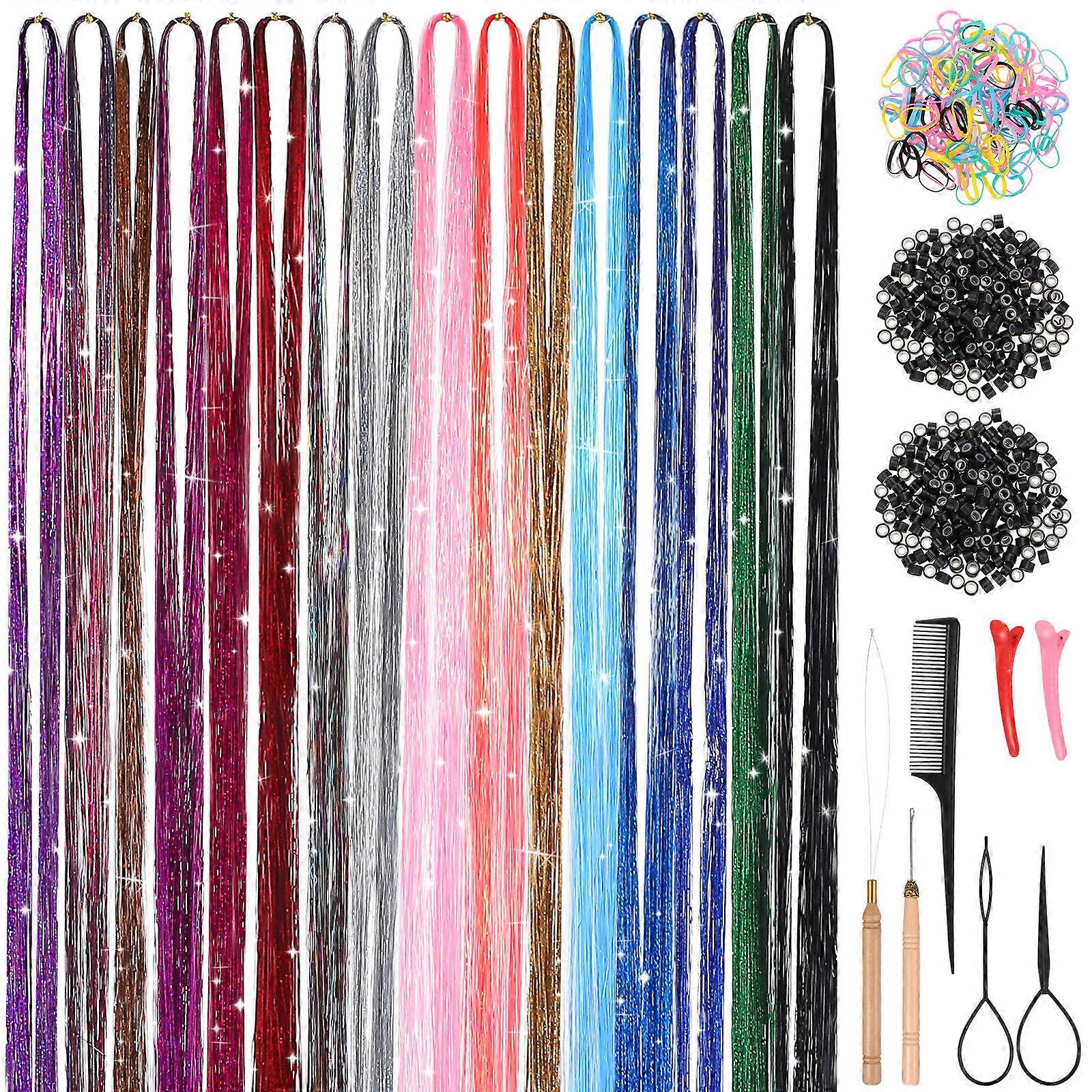Glitter Hair Tinsel Extensions Kit with Braiding Tools for Easy Application and Removal