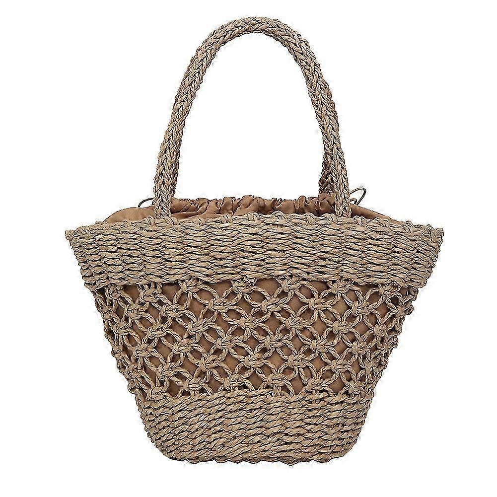 レディースストローウィーブハンドバッグカジュアルビーチショルダーバッグカーキ