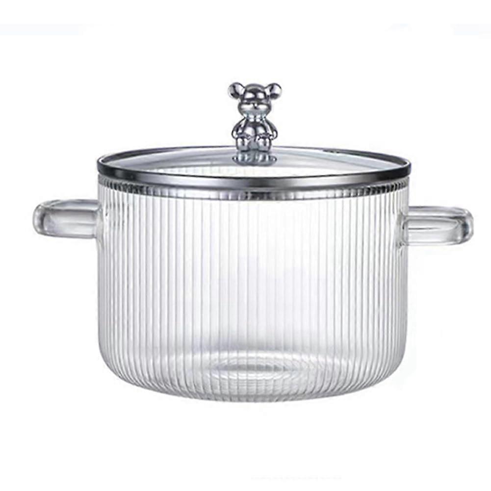 Glass Cooking Pot with Lid, Clear Stockpot, Double Handles, 3 Quart Size, Durable Glass Material, Silver Trim