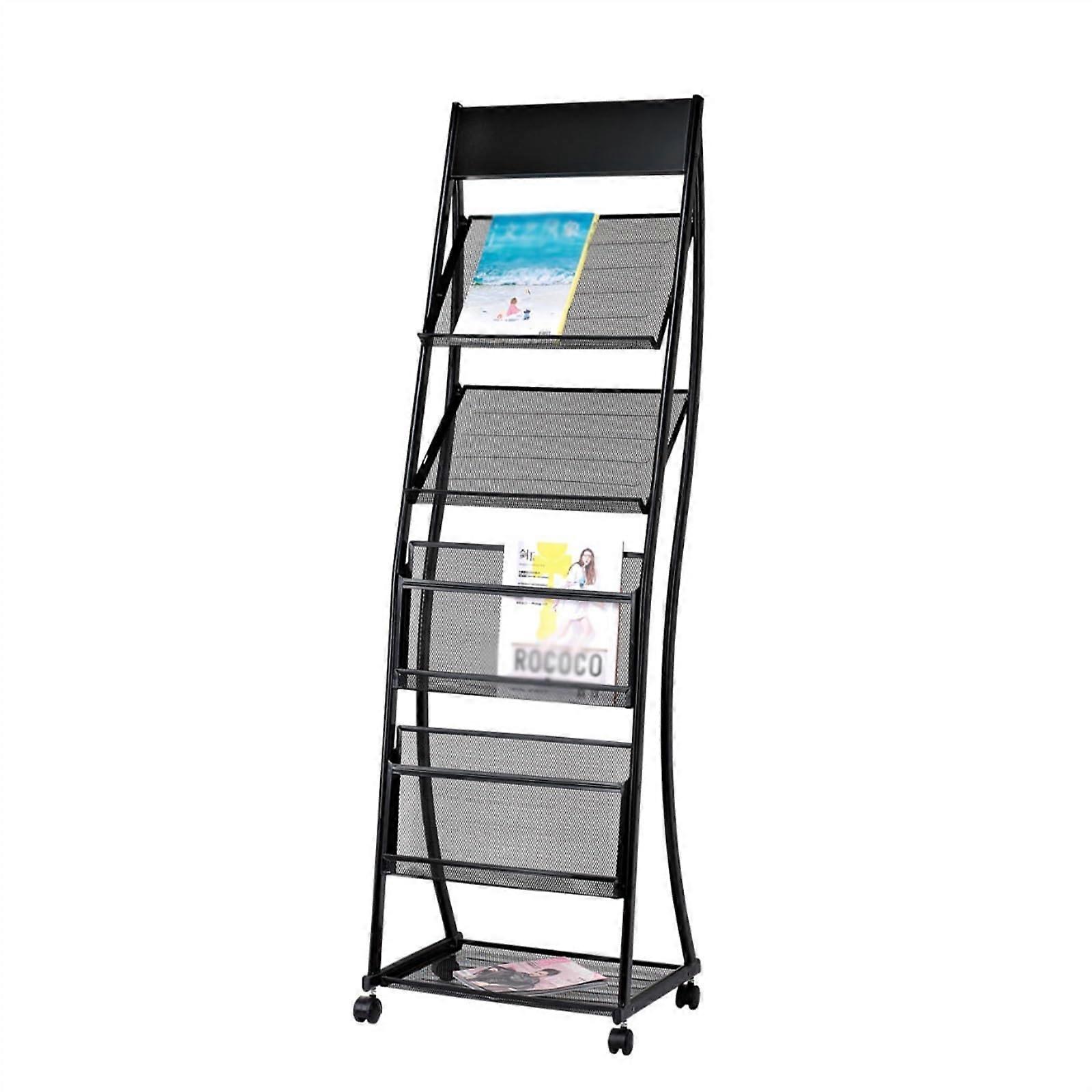Floor Standing Magazine Rack with Wheels and 4 Shelves for Exhibitions and Trade Shows (Black)
