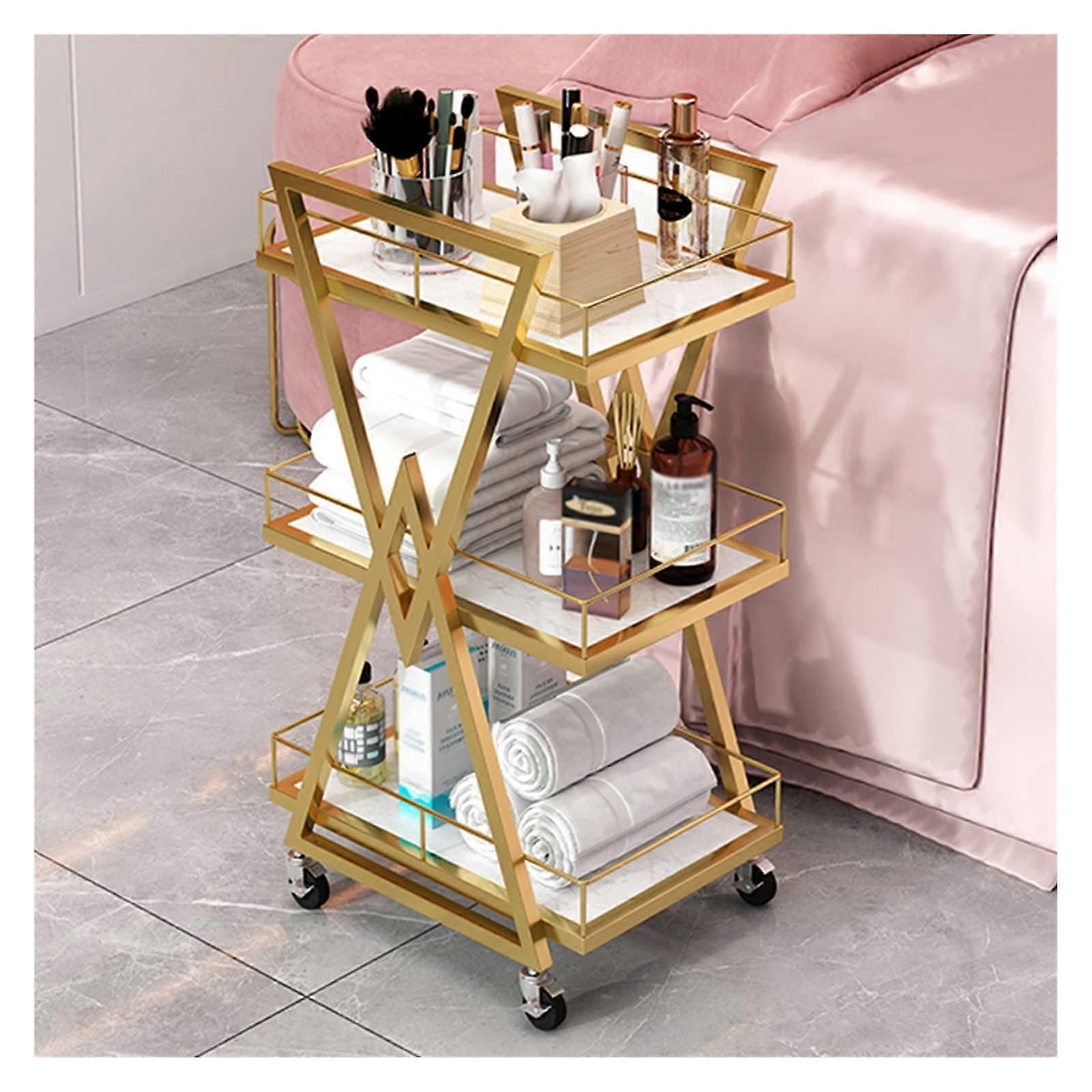 Metal Medical Spa Cart 3Tier Manicure Cart with Wheels, Storage Drawer (Gold)