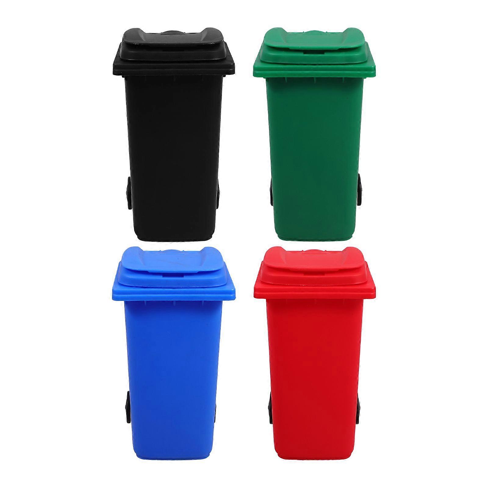 4Pcs Mini Trash Can Pencil Holder Cute Desktop Garbage Bin with Lid and Wheels Mini Garbage Trash Pen Holder Tiny Recycle Bin Pencil Holder
