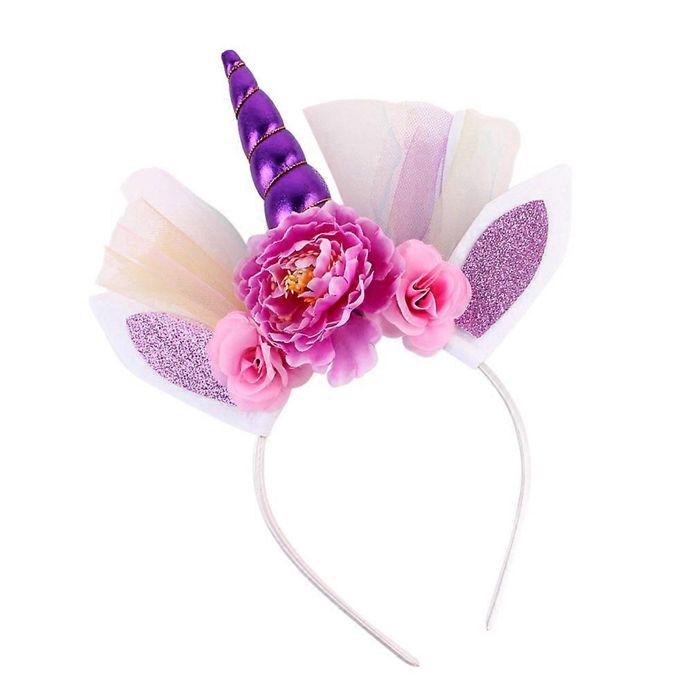 Childrens Unicorn Headband Glitter Unicorn Horn Headband Animal Ears Shape Birthday Party Decoration Purple 1Pcs