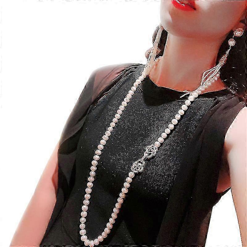 女性のためのトレンディなリアルナチュラルロングパールネックレス - ホワイト淡水ラウンドパールウェディングパーティーギフト