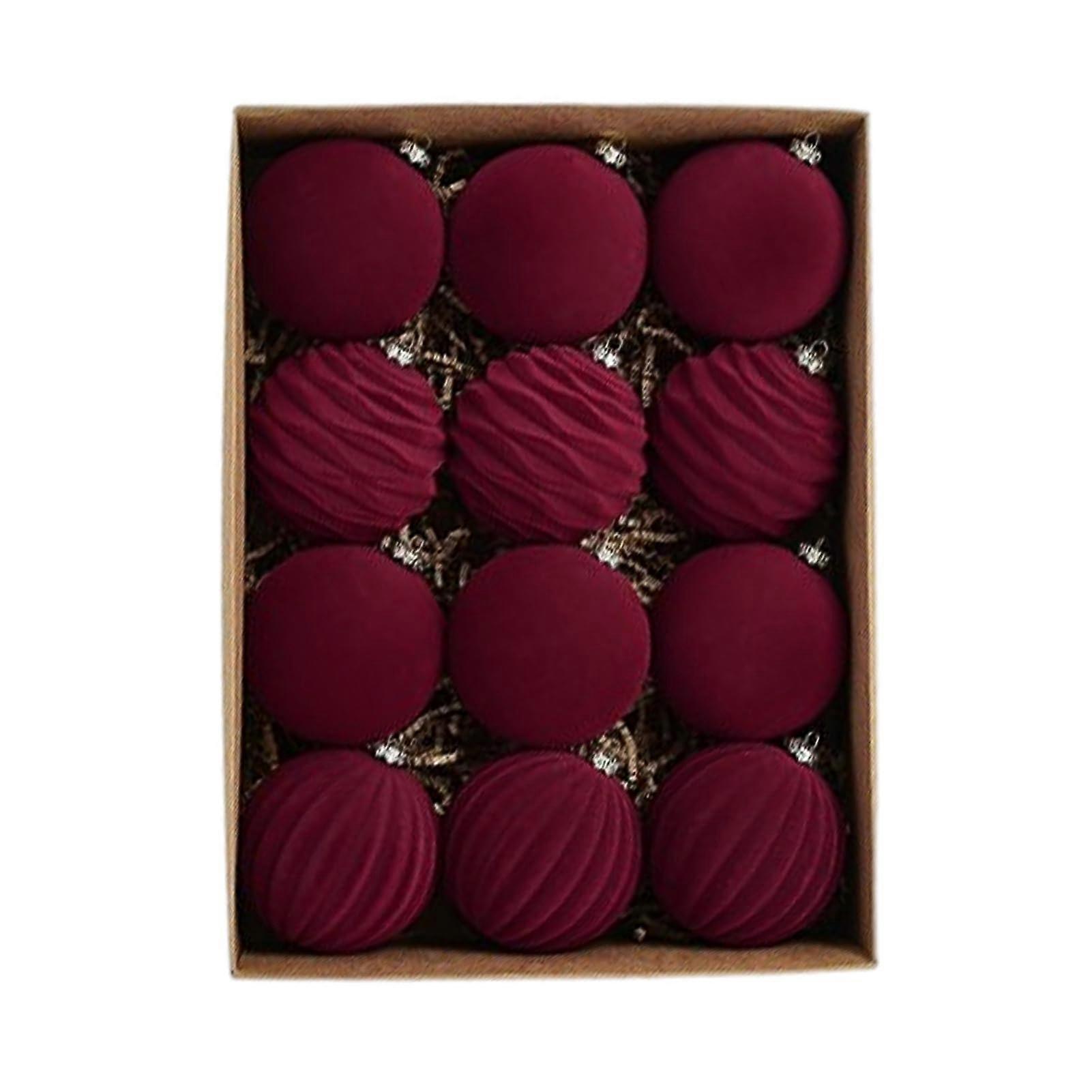 Velvet Christmas Ornaments Set Of 12 Green And Red Flocked Baubles For Christmas Tree Hanging Decorations