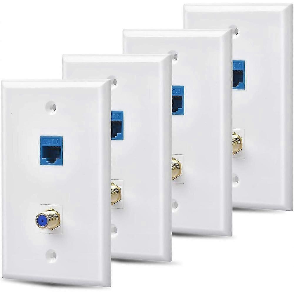 4 Packs Ethernet Coax Wall Plate Outlet with 1 Cat6 Port and 1 Gold-Plated Coax F Type Port RJ45 Wa