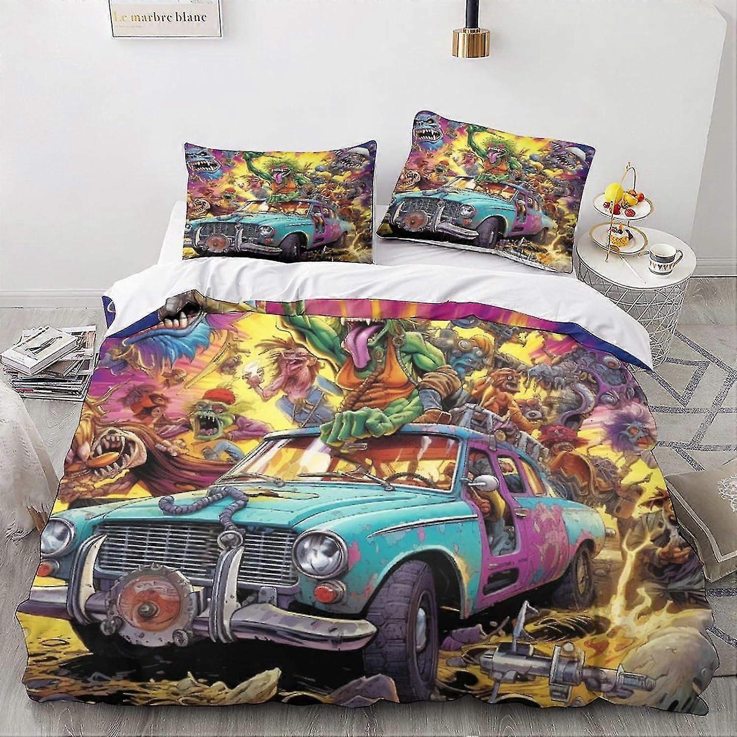 Cartoon Pattern Bedding Set Soft Lightweight Microfiber Duvet Cover with Zipper Closure for Double Beds