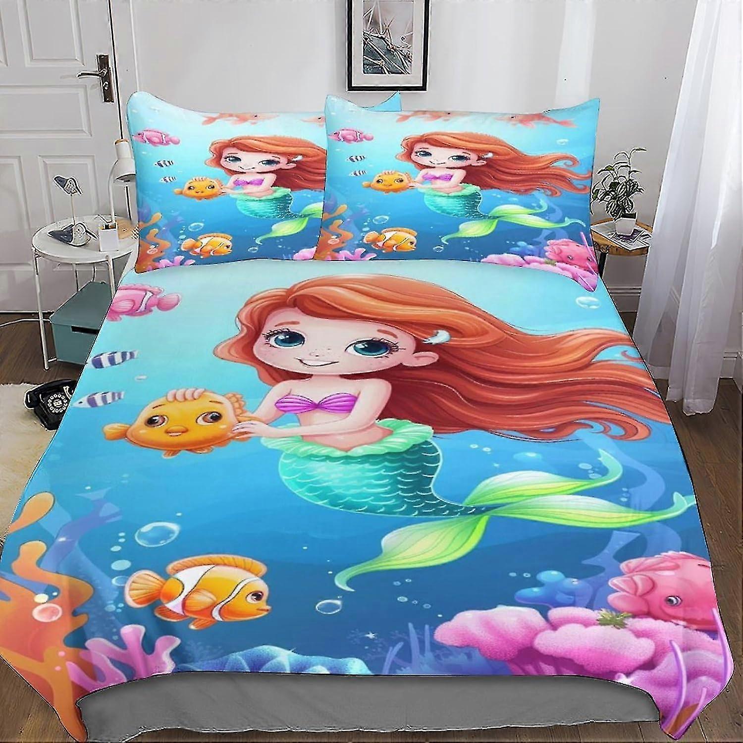 Mermaid Arielle 3PCs Quilt Cover 3D Print Cartoon Duvet Cover Bedding Set with Microfiber and Hidden Zipper Closure and Pillowcases for Suit
