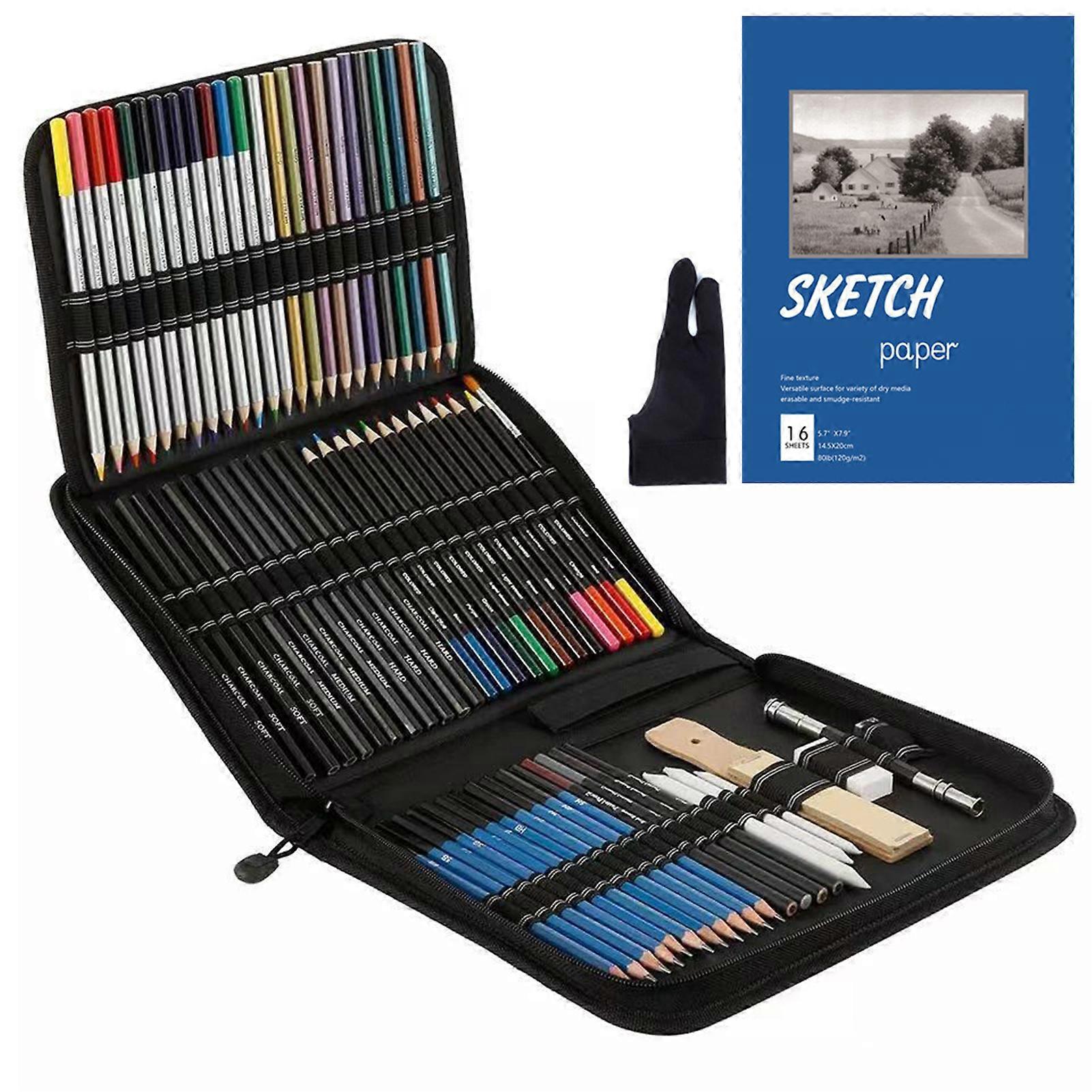 74-Piece Professional Drawing Pencil and Sketch Set with Colored Pencils Charcoal Pastels Sharpener Eraser Sketch Paper Glove Storage Bag Art Supplies
