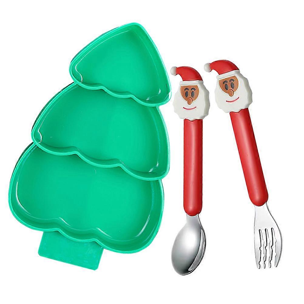 Christmas Tree Shaped Meal Plate Set with Fork Spoon, Food Grade Plastic Divided Dish for Holiday Fruit Tray and Festive Christmas Dinnerware