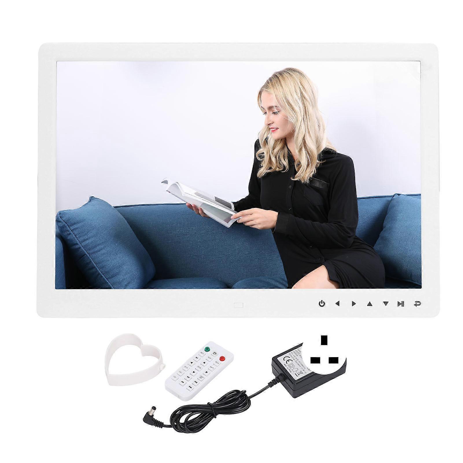 15.4in Digital Photo Frame HD Electronic Photo Frame Advertising Player Support Video Music Clock with Touch Keys Bracket White 100‑240V UK Plug