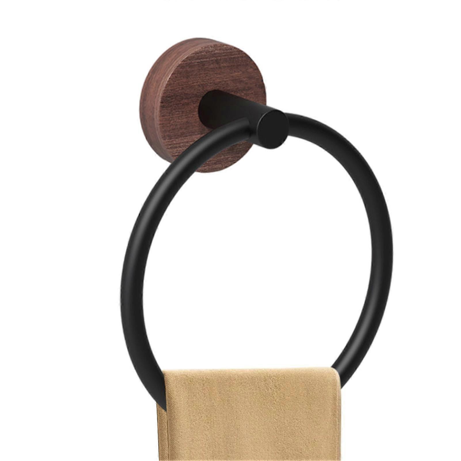 Round Walnut Wood Towel Ring, Wall-Mounted Bathroom Towel Holder, Black Non-Punch Installation, 9-Inch Diameter