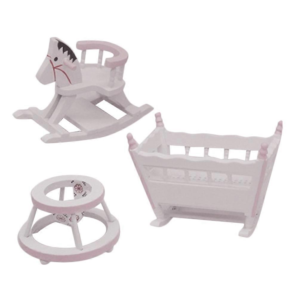 1 Set Miniature Children's Room Furniture Wooden Cradle and Rocking Horse