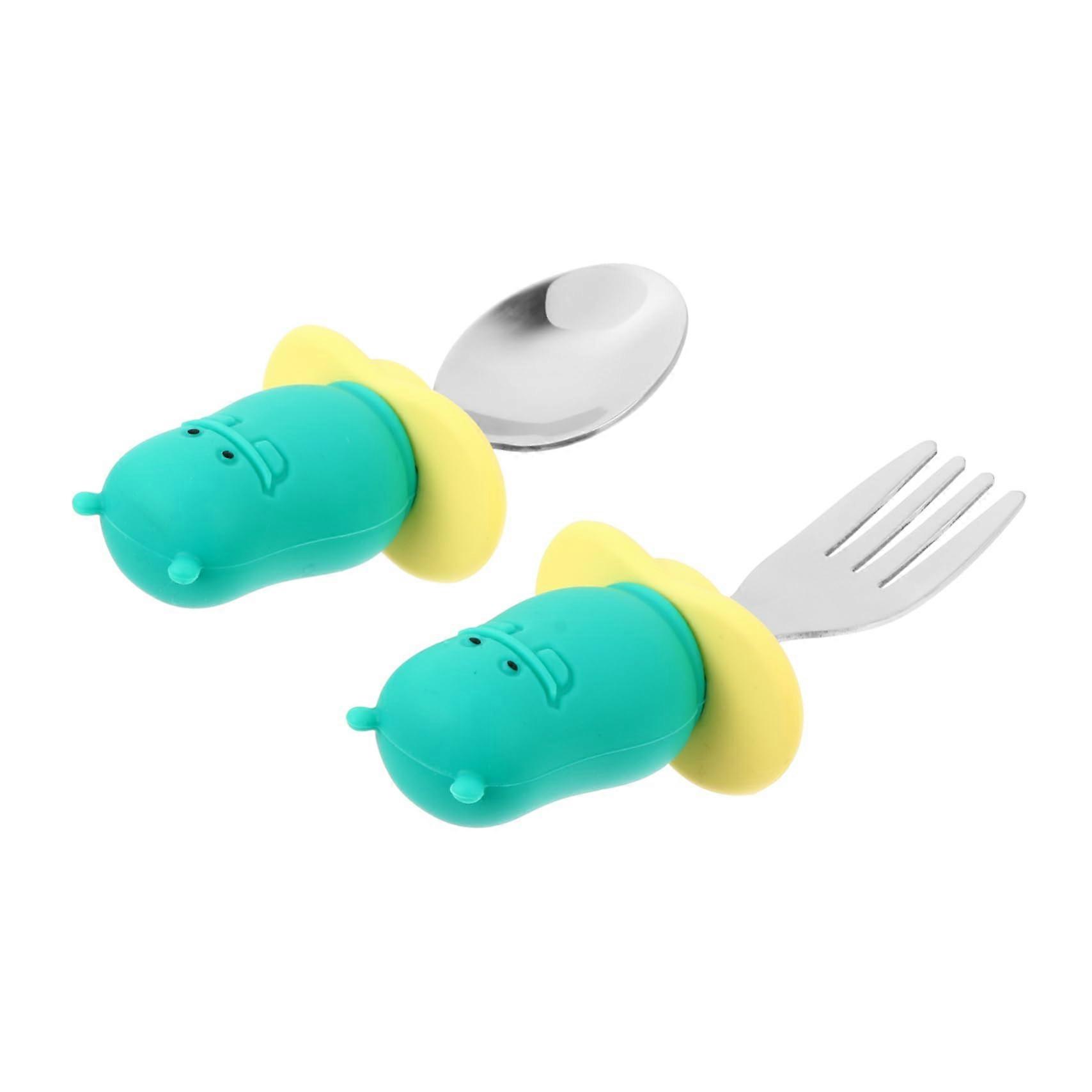 Tableware Set Fork Spoon Stainless Steel Handles Safe Smooth Edges Ergonomic Grip for Newborn Feeding Training Green