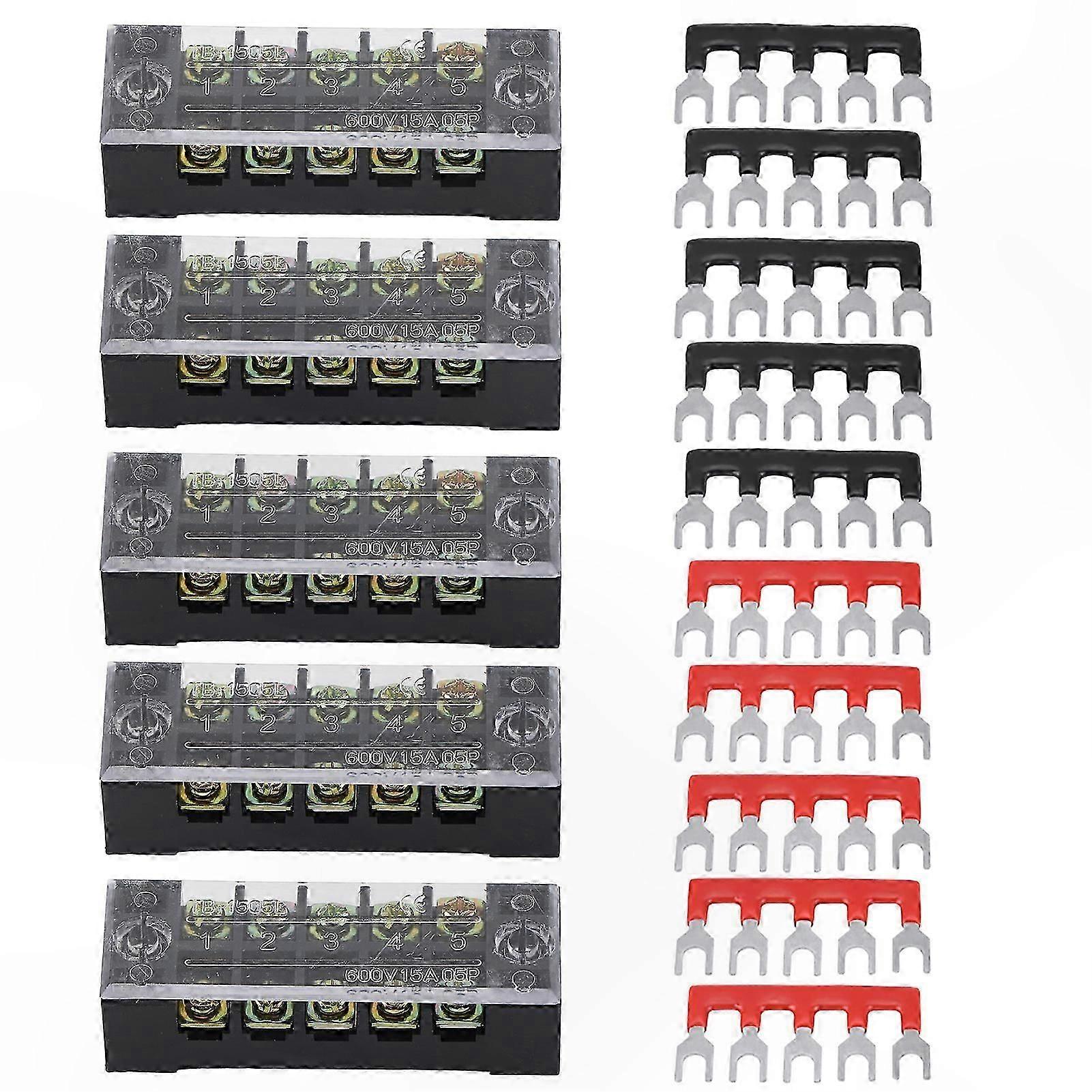 5-Pack Dual Row Terminal Blocks, 5-Position Screw-Type Barrier Strips, 600V 15A Pre-Insulated Electrical Connectors