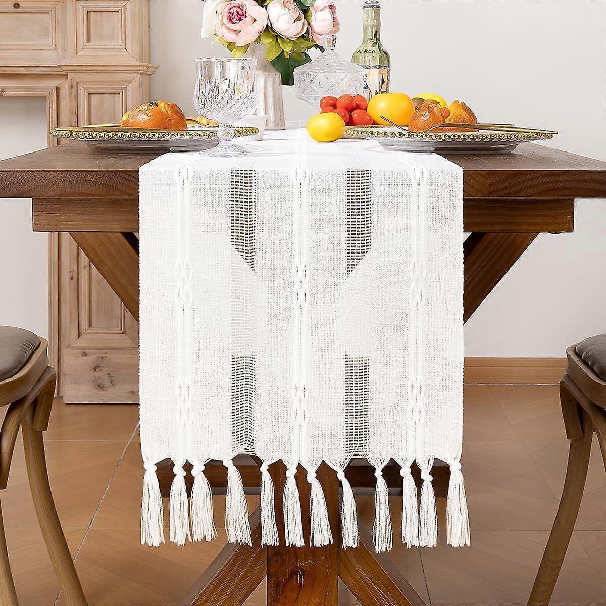 Farmhouse Bohemian White Linen Table Runner - 48" Long with Tassels - Woven