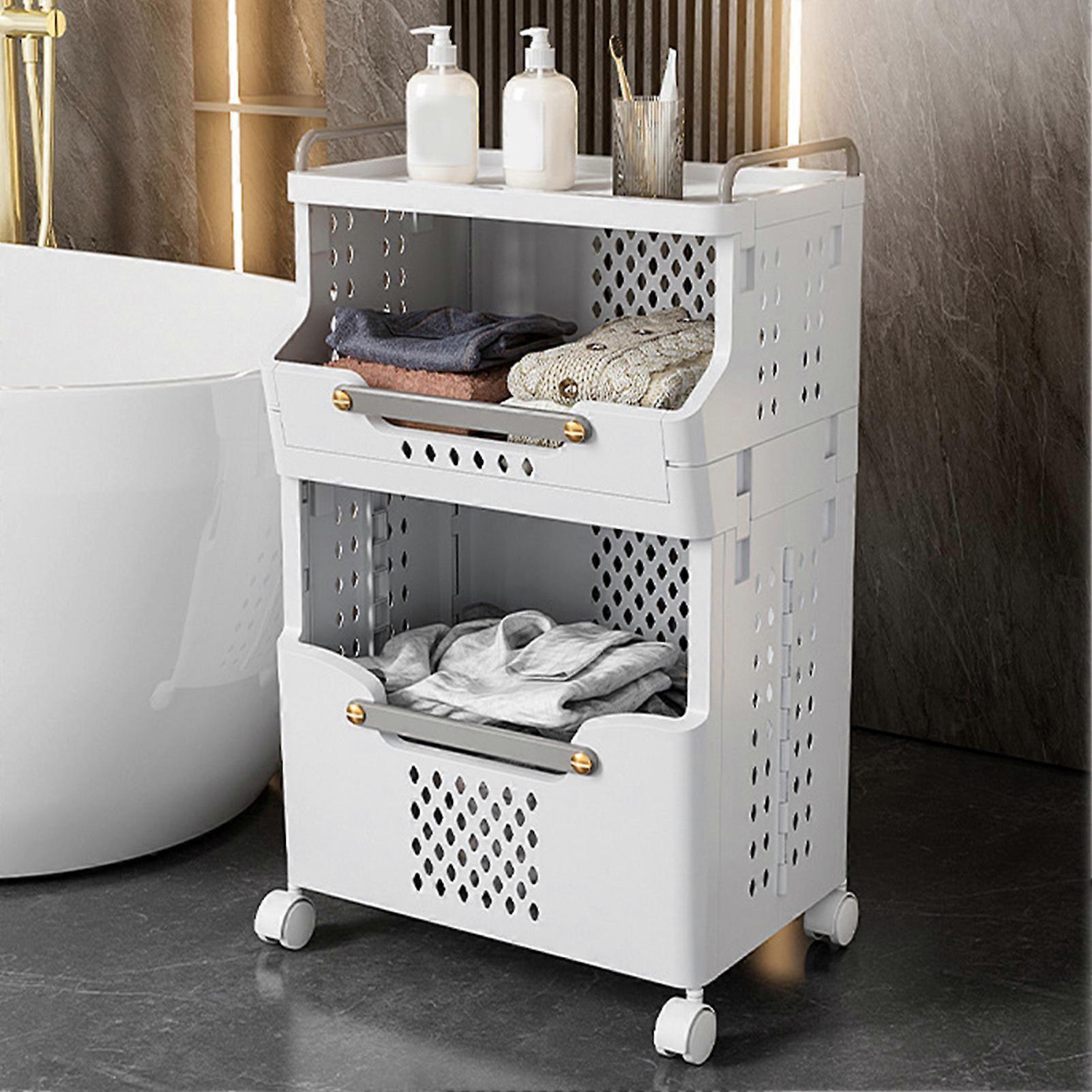 Foldable 2-Layer Laundry Basket High Capacity Greyish White Plastic