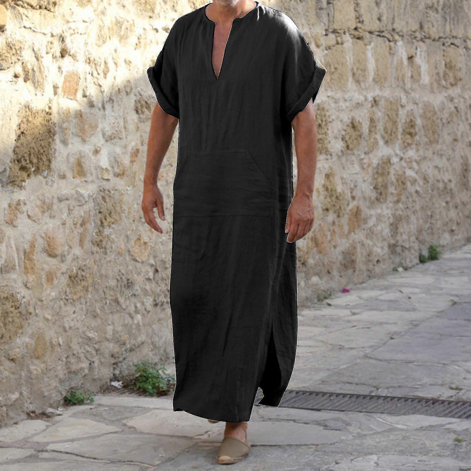 Men S Jubba Thobe Kaftan Muslim Arab Islamic V-neck Short Sleeve Solid Cotton Linen Robes Muslim Fashion Arabia Man Abaya