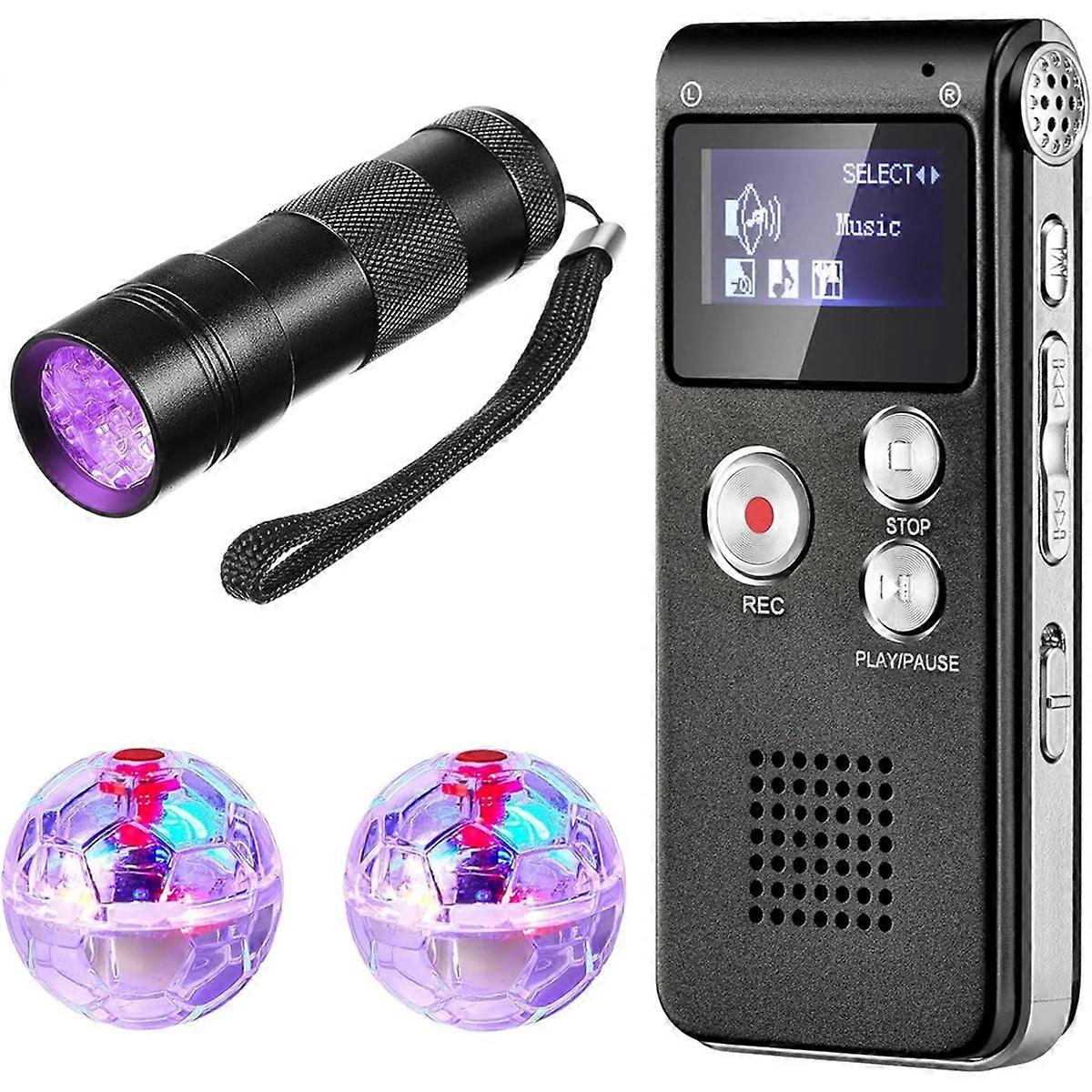 4 Pcs Equipment Kit Includes 1 Pocket Digital Voice Recorder 2 LED Light Up Pet Cat Ball 1 Black UV