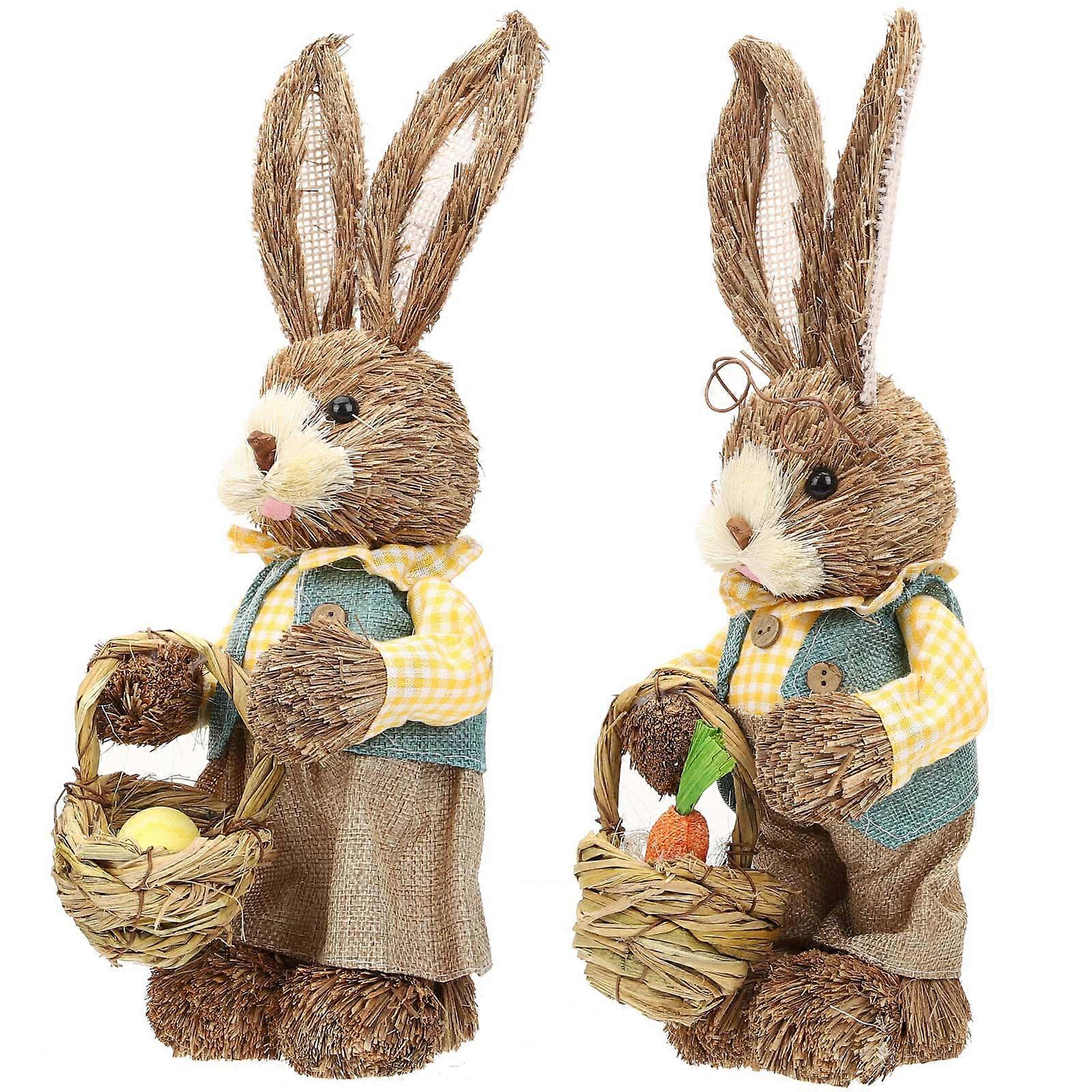 Straw Woven Easter Bunny Figurines for Home Decor 4Pcs Multi Color