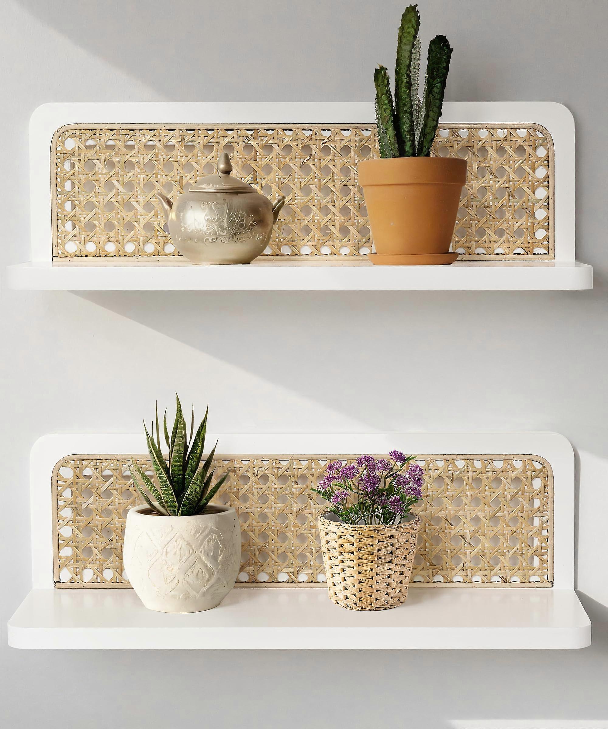 Floating Shelves White Boho Handmade Wall Decor Rattan Wall Mounted Storage Shelf 40 Cm Set Of 2 Living Room Bedroom