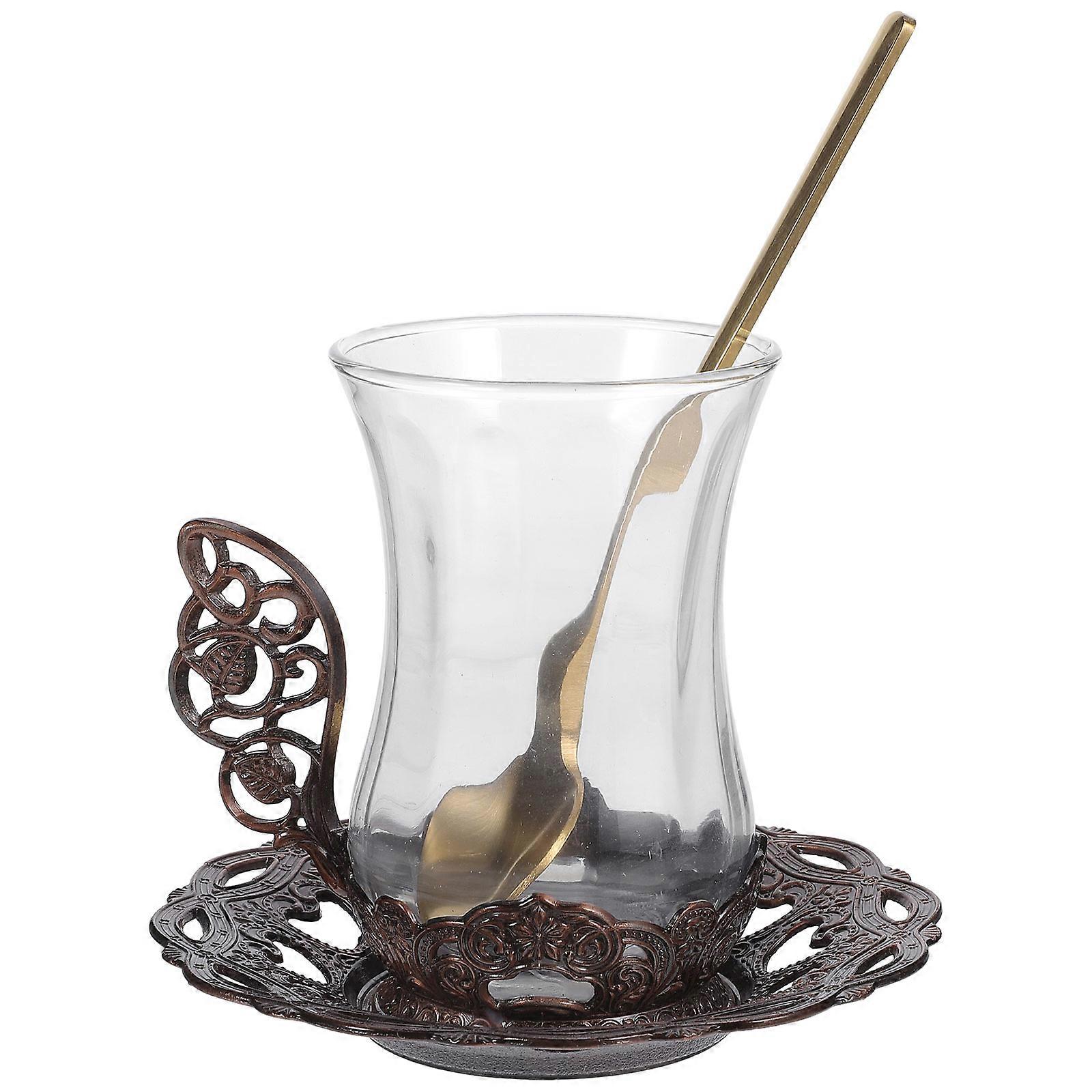 Tea Cup Set with Glass Coffee Cups 5Sets for Drinking with Saucers and Spoon