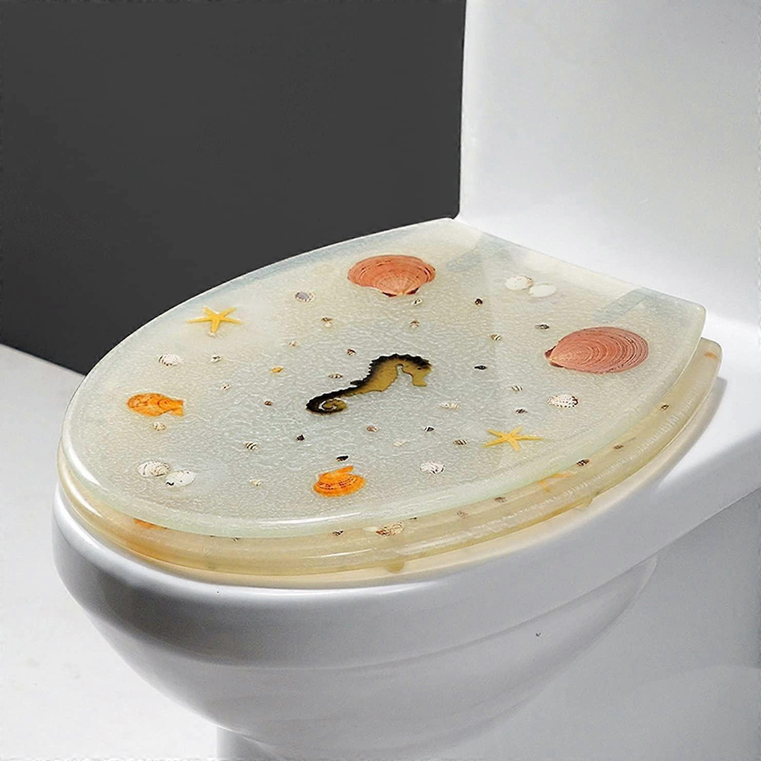 Sparkly Resin Toilet Seat Bea Shells Loo Lid, Quiet Slow Close, Thick Lid, Fix Hinges, Easy Installation Cleaning