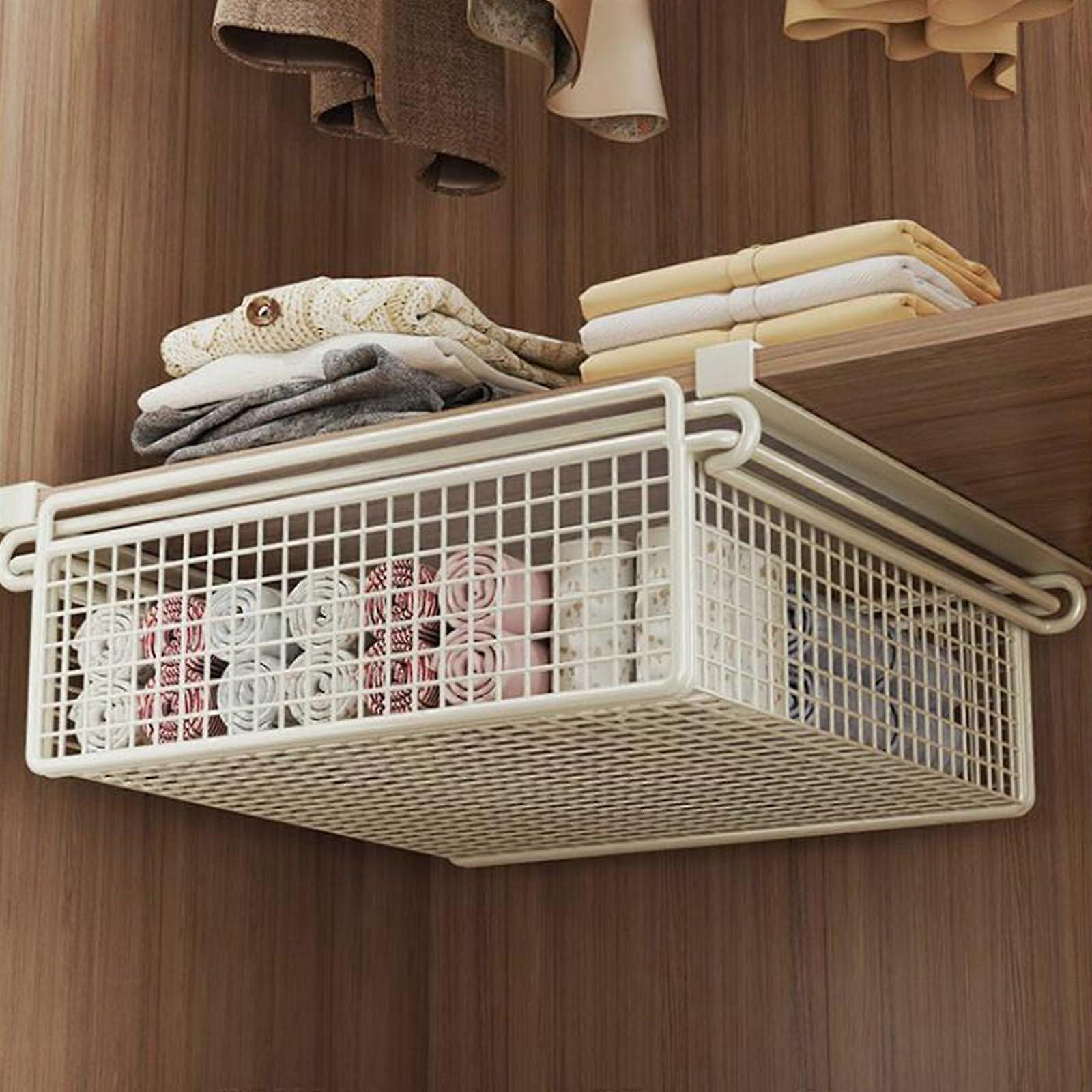 Pullout Drawer Cabinet For UnderShelf Storage Metal Rustproof Hanging Basket White Wardrobe Organizer Bin