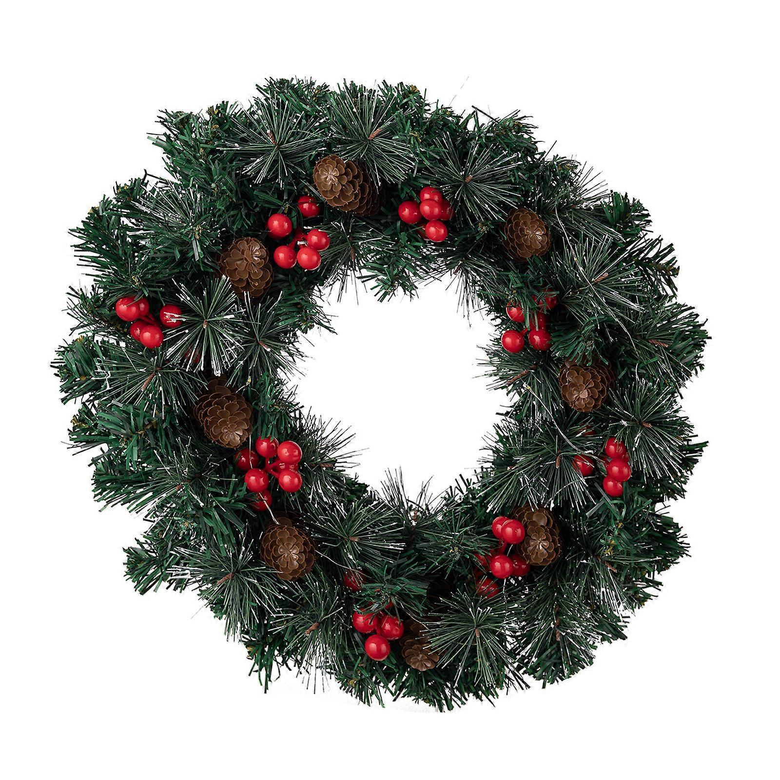 40cm LED Light Up Artificial Christmas Wreath Front Door Ornament with Berries and Pinecones Decoration for Window Wall Multicolor