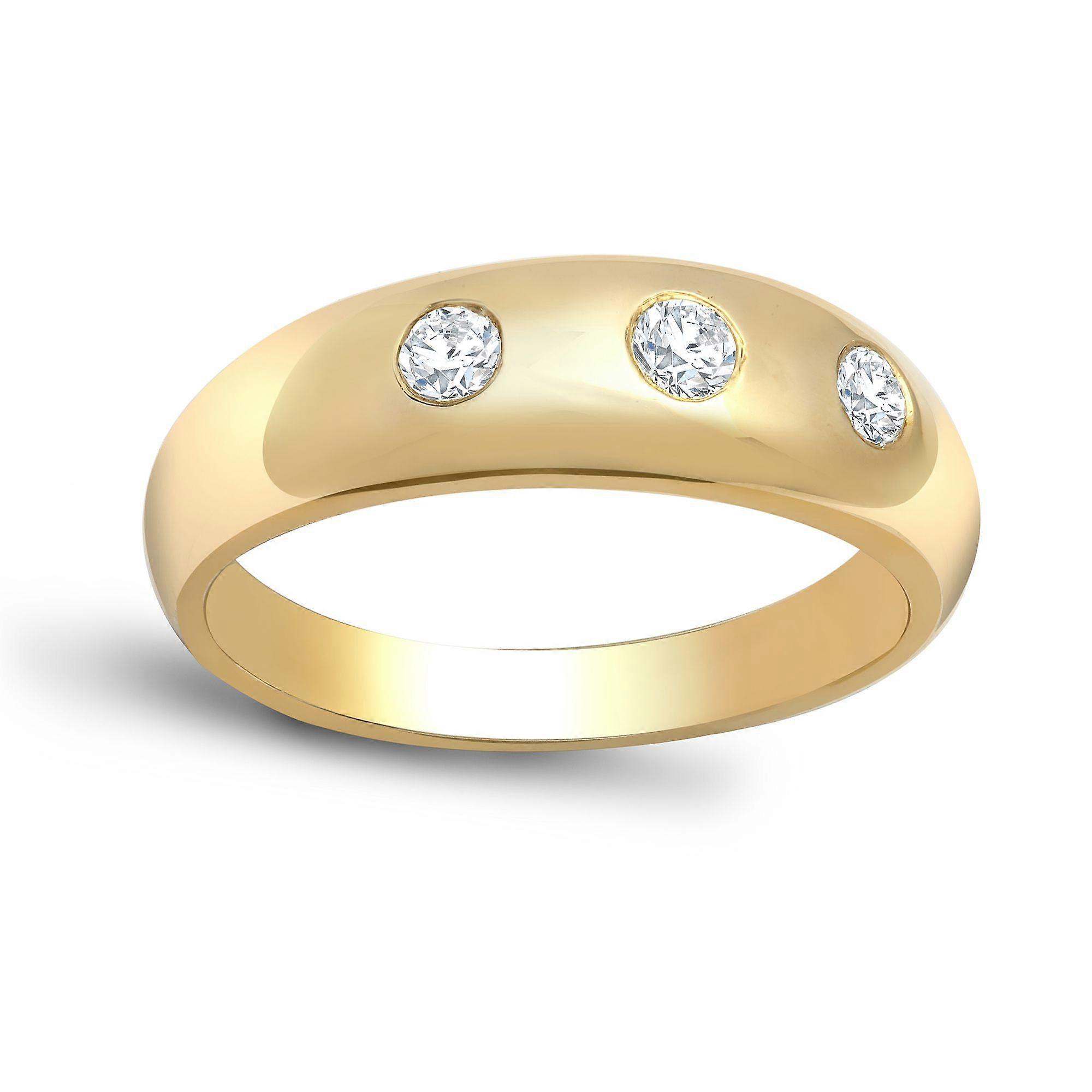 Jewelco London Men's Solid 9ct Yellow Gold Rub Over Set Round H I1 0.34ct Diamond Domed Band Trilogy Ring 7mm
