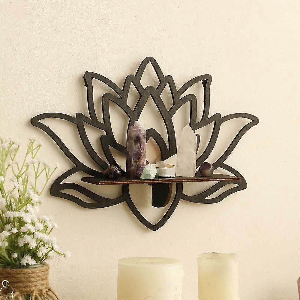 Wall Mounted Shelf with Lotus Petal Cutout, Black Wooden Corner Display for Crystals and Oils