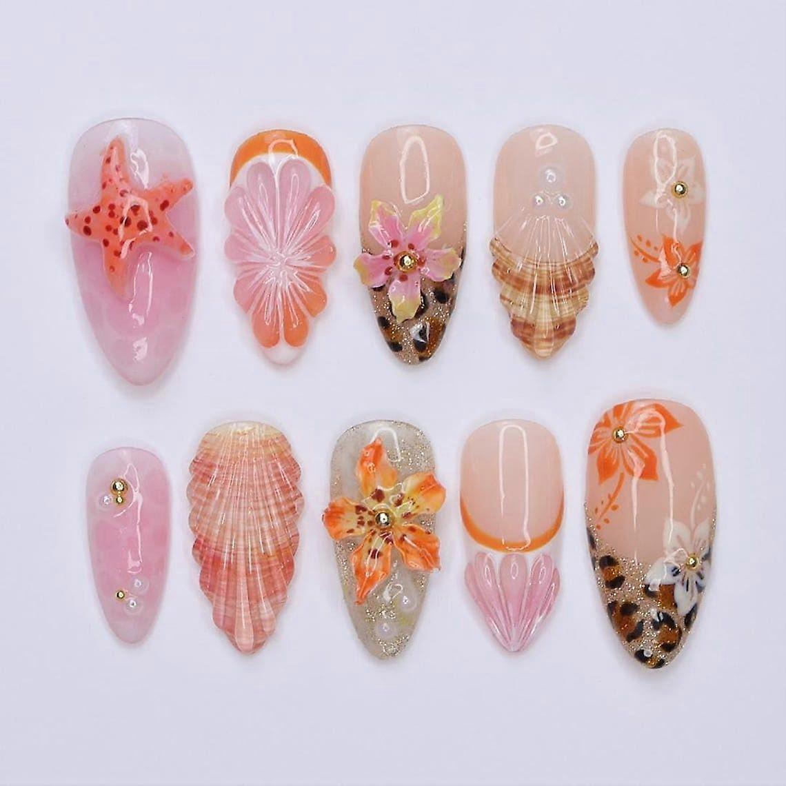 Handmade Summer Press On Nails Medium Almond Floral Leopard Accents 3D Starfish Reusable Set