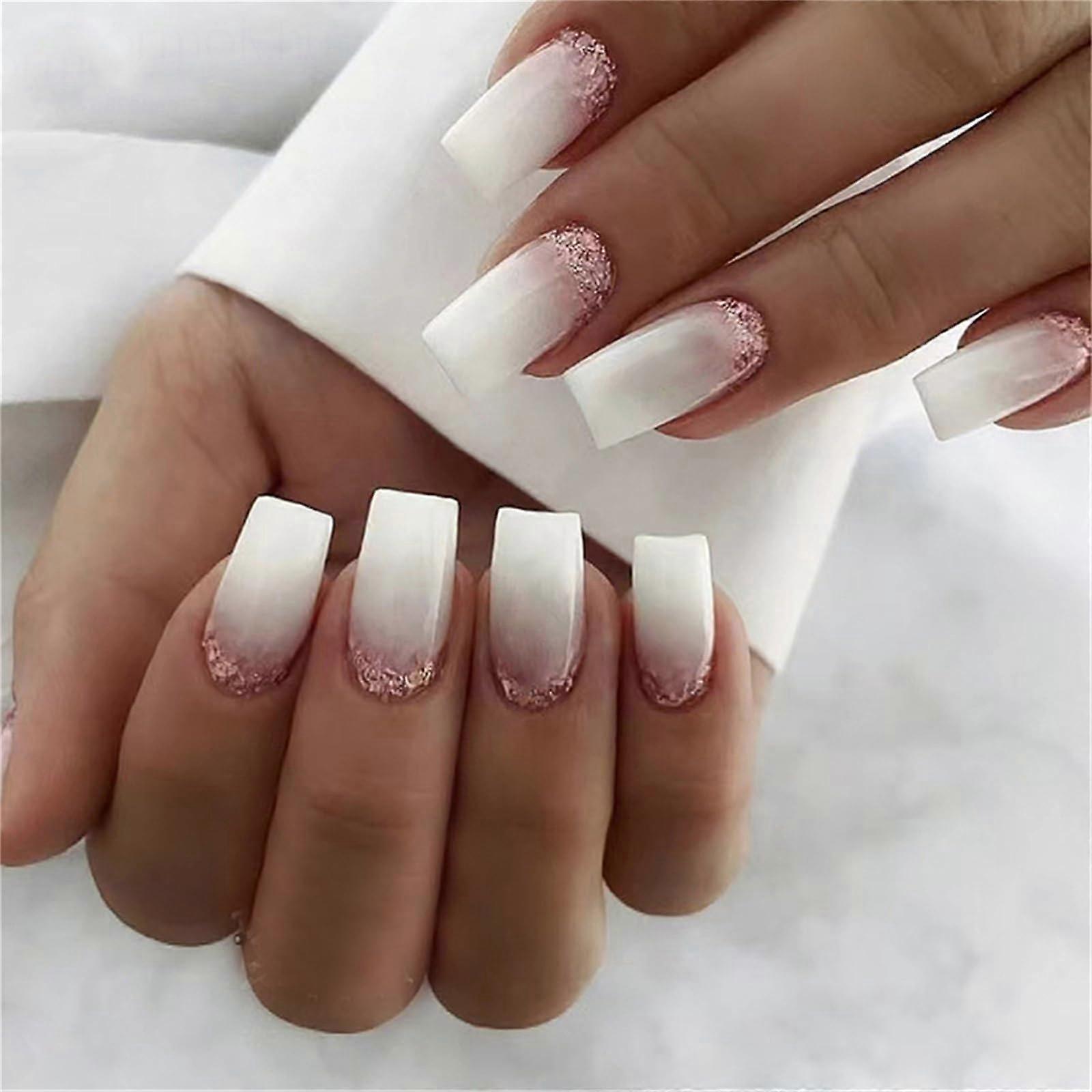 White Glitter Press On Nails Gradient Long Ballerina Fake Nails Set with Multiple Size Options