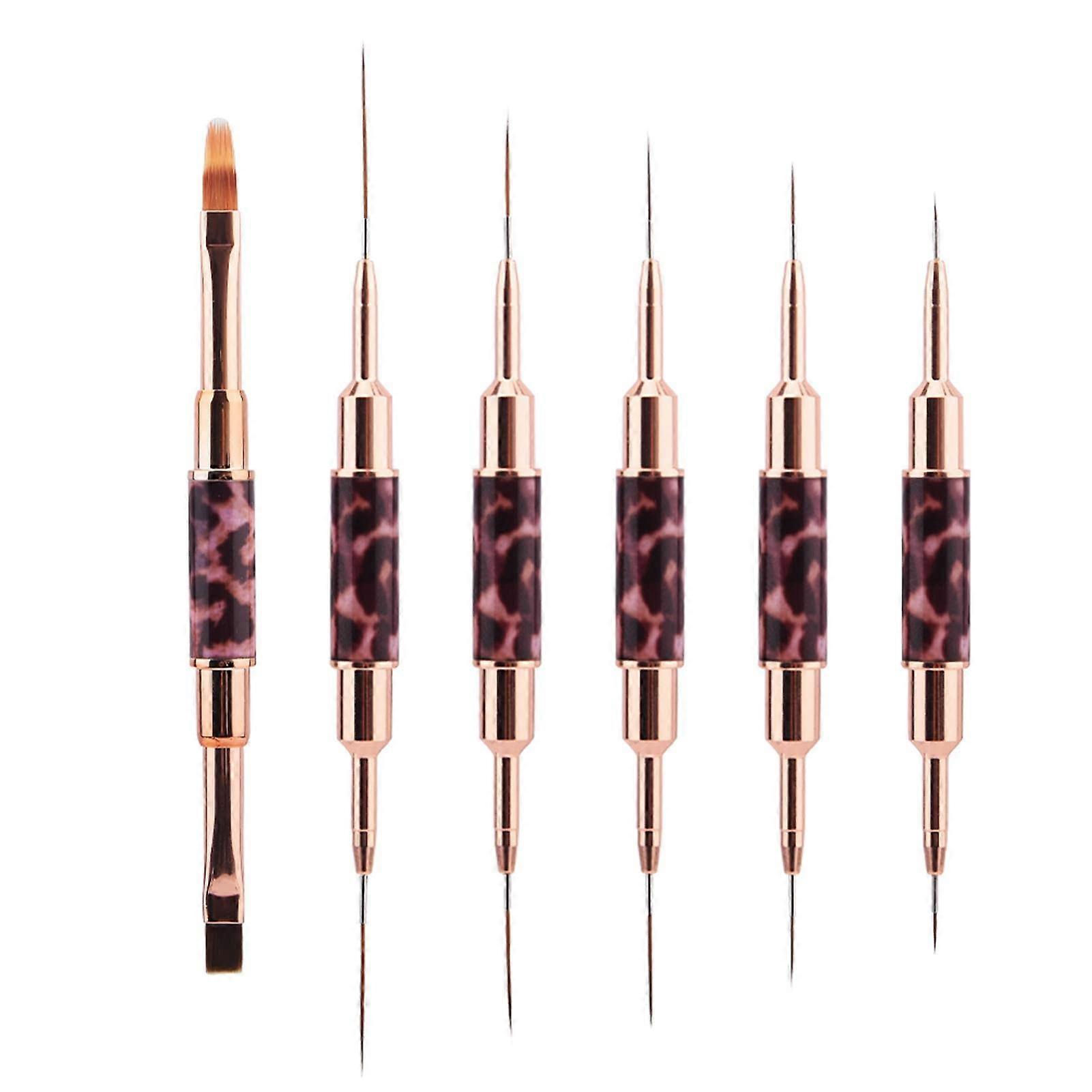 6pcs Professional Nail Art Brushes Set with Leopard Pattern, Double Ended Gel Nail Liner for Fine Drawing