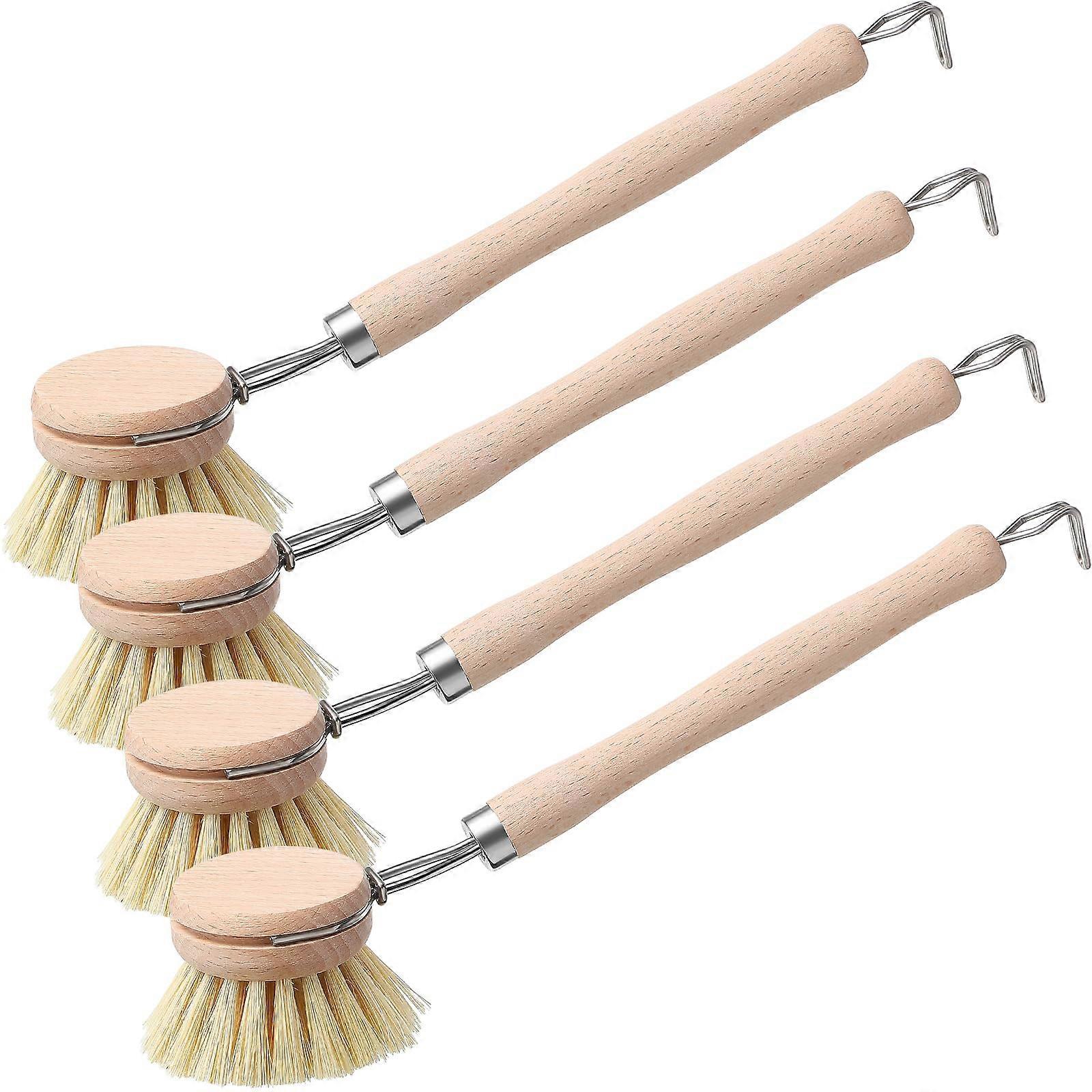 Wood Dish Brush Set with Beechwood Handle, Replaceable Heads, Durable Bristles, 4Piece Kitchen Scrub