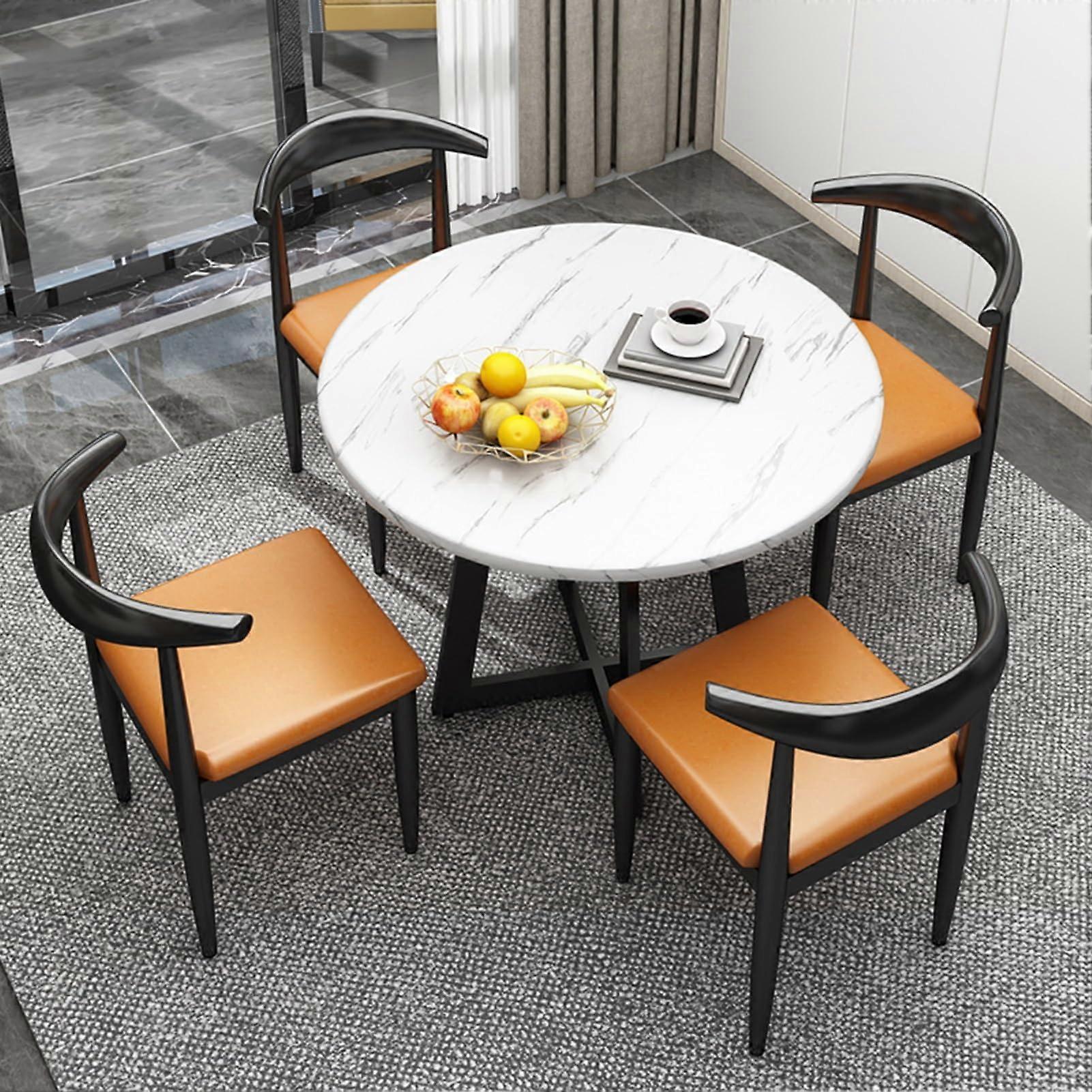 Round Dining Table Set for 4 with Comfortable Leather Chairs, SpaceSaving Design, Orange Color