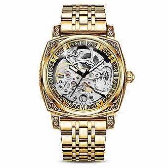 Binbond Men's Automatic Mechanical Watch Gold Steel Skeleton Luminous JY