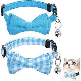 Cat Collar Set of 2, Breakaway Adjustable Design with Bell and Bow Tie for Kittens and Puppies, Plaid and Solid Colors