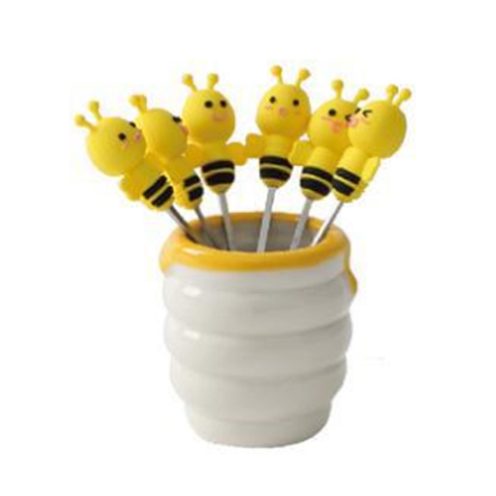 6 Pack Fruit Fork Cartoon Honeybee Shaped Dessert Fork with Holder for Kitchen
