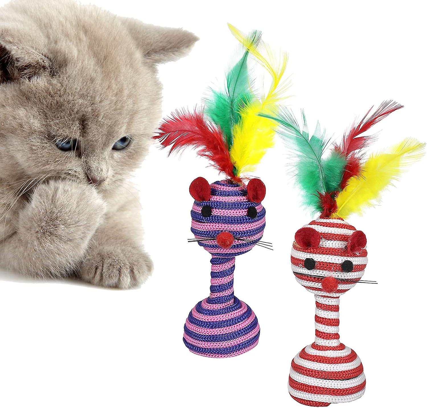 2 Pcs Cat Chew Toys With Feather, Cute Colorful Cat Mouse Toy With Feather And Bell, Polyester Rope Interactive Cat Toy Ball Kitten Feather Toy For In