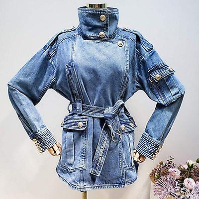 Golden Button Turtleneck Thick Denim Jacket