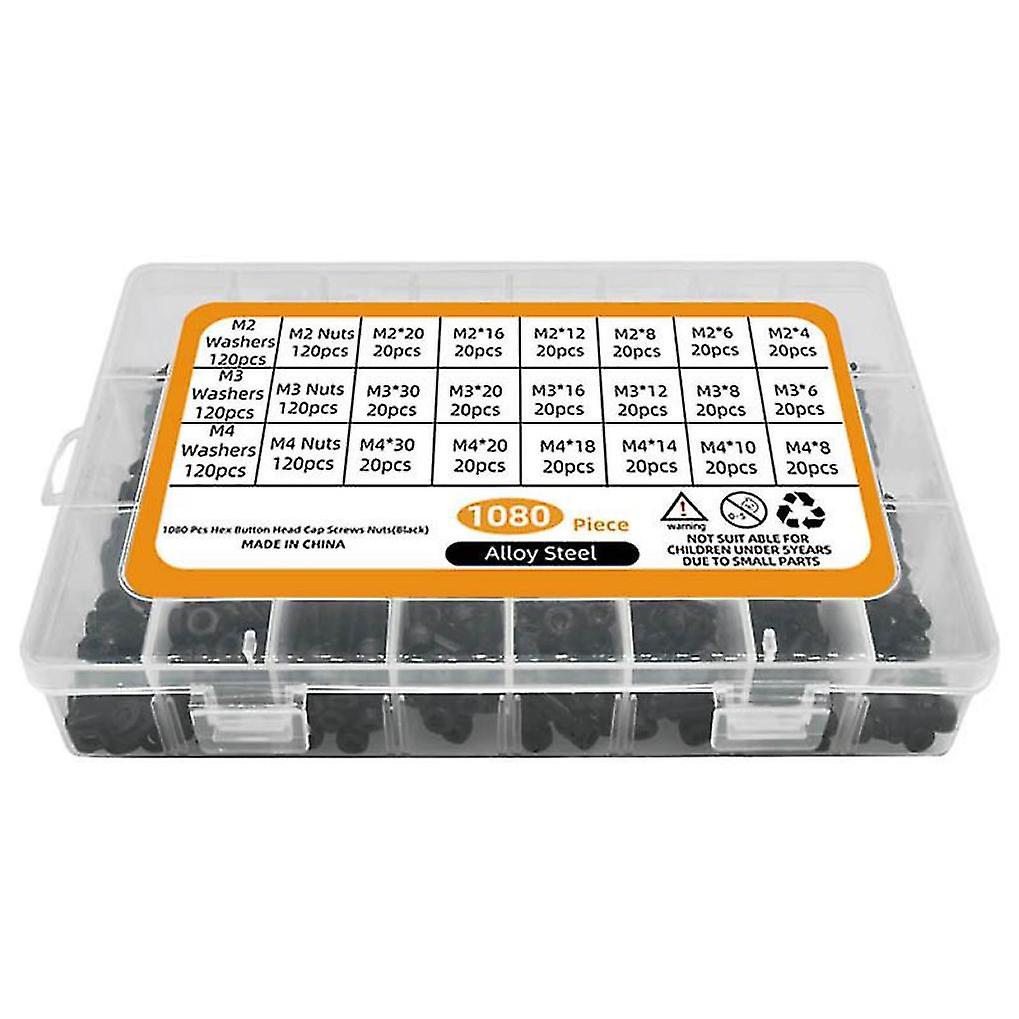 1080pcs Screws & Nuts Set M2 M3 M4 Steel Hexagon Socket Wrench Head Washers Kit