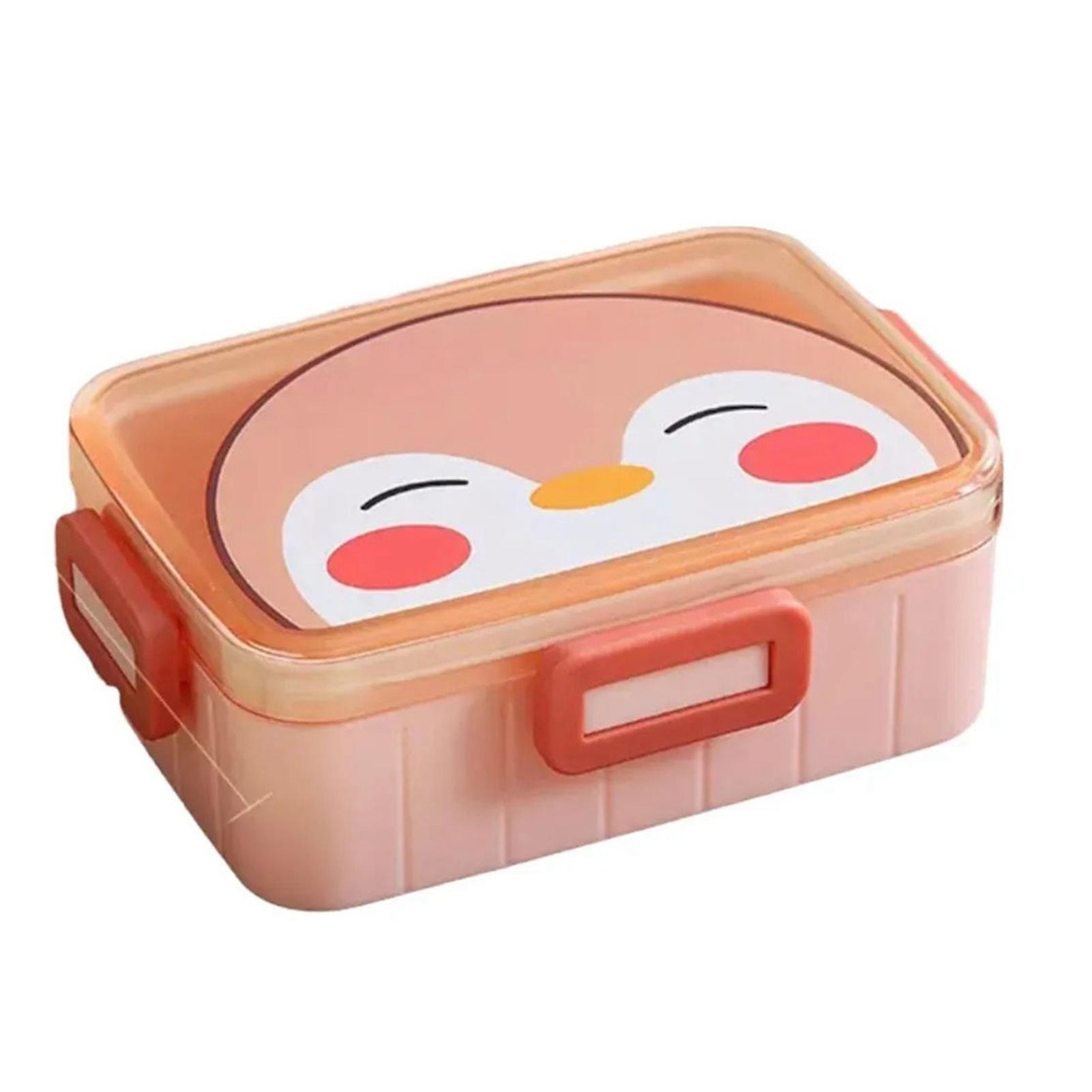 Bento Lunch Box Cute Cartoon Portable 2 Compartment Removable Divider Sealed Four Buckle Lunchable Container 600ml Rectangular Pink