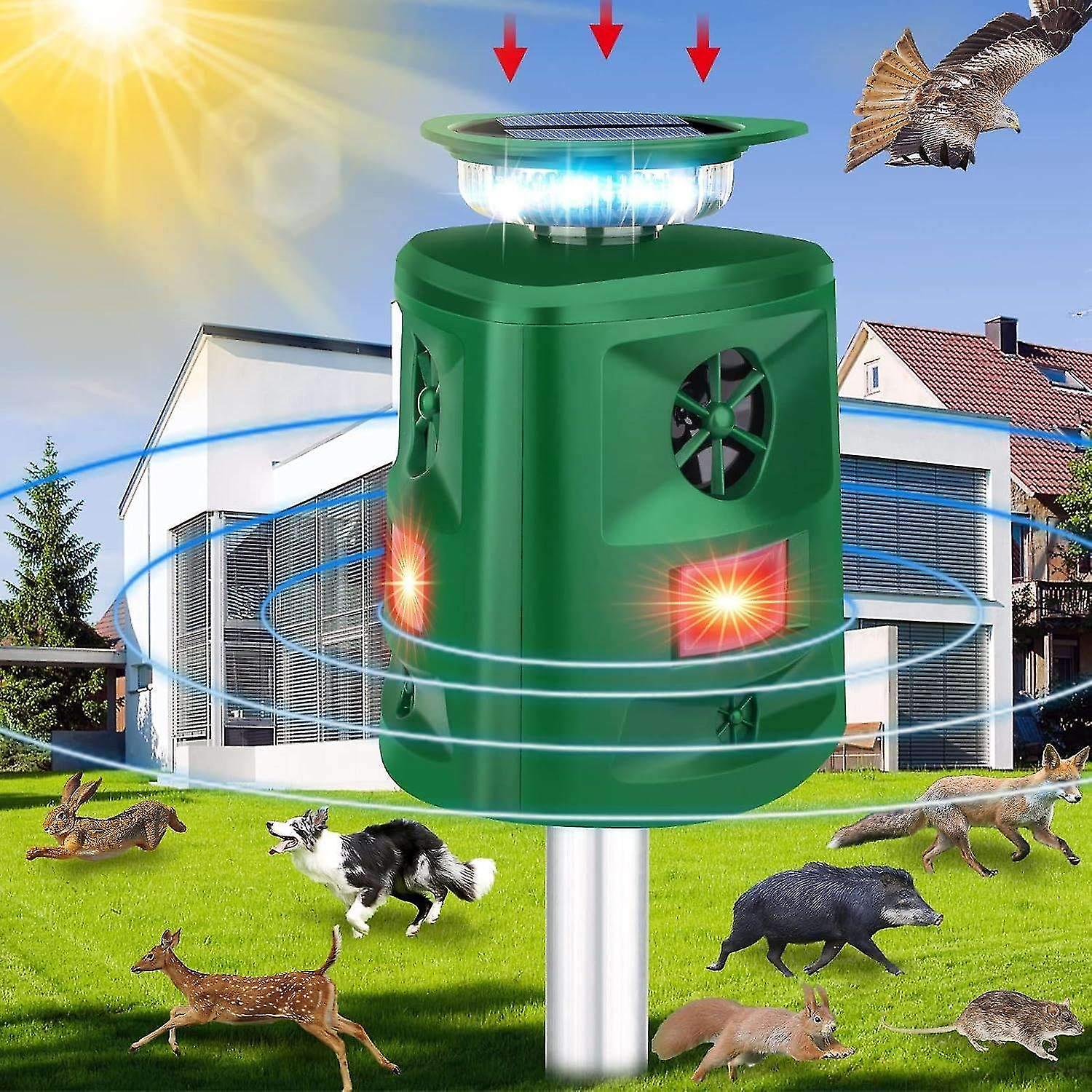 Outdoor Cat Repeller, 360 Solar Ultrasonic Animal Repellent with Motion Sensor & LED Flashing Light,