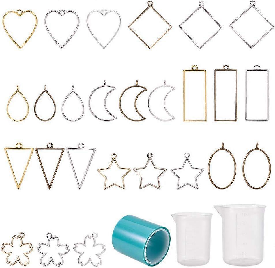 Resin Jewelry Making Kit 50 pcs 9 Shapes Open Frame Bezels Hollow Frame Pendants 50ml 100ml Measuring Cups Seamless with Tape for DIY Resin Crafts Cha