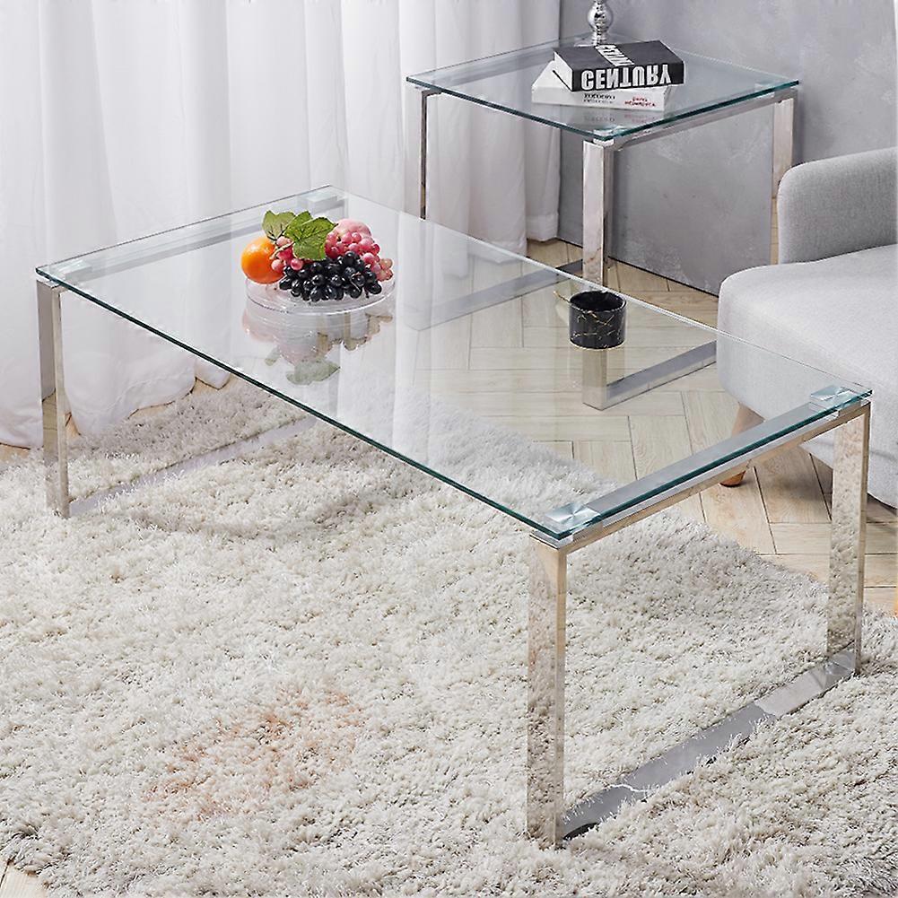 Modern Chrome Metal Tempered Glass Coffee Table