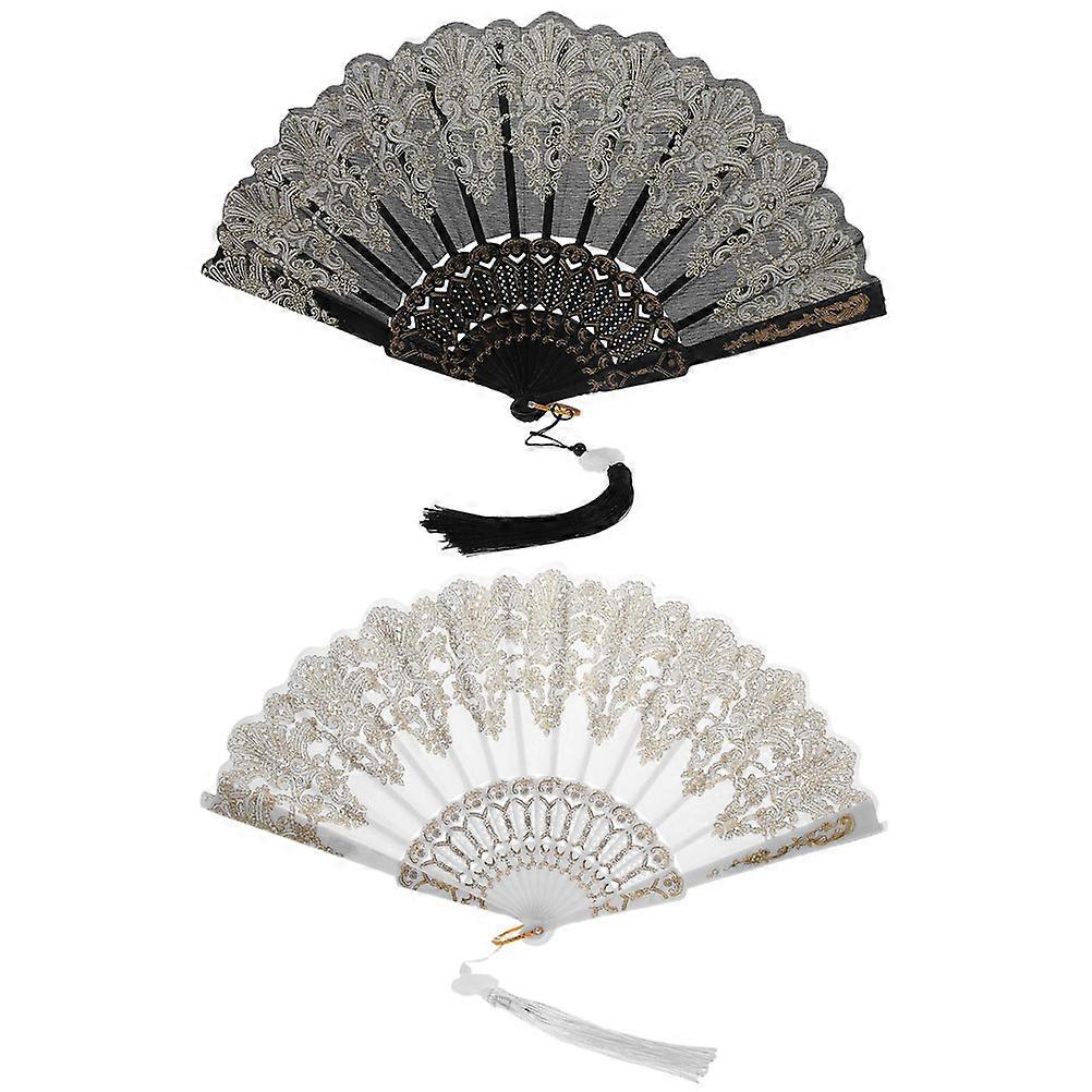 2Pcs Elegant Embroidered Folding Hand Fan Delicate Pattern Handheld Dancing Fan